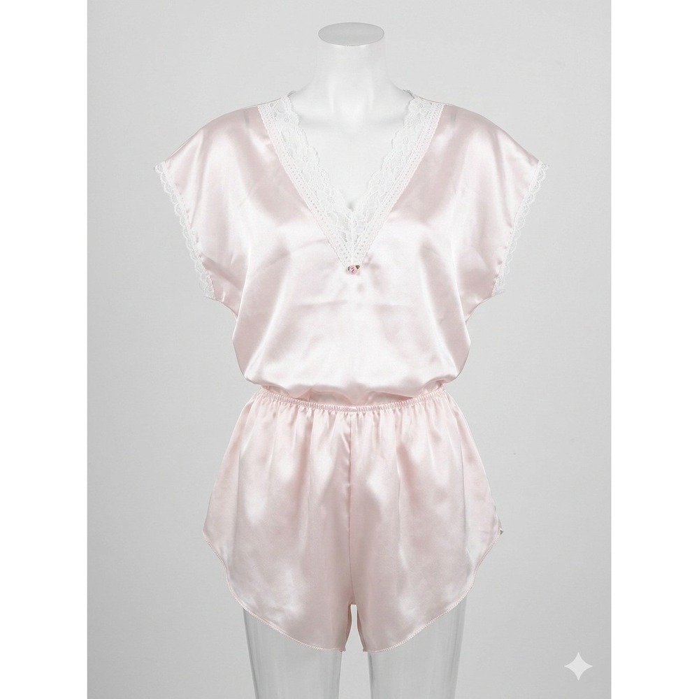 Vintage Nan Flower Pink Satin Pajama Set Lace Trim Top & Shorts Large USA